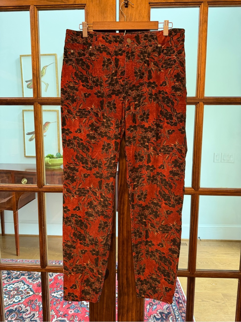 Peruvian Connection Rust Corduroy Floral Straight-Leg Pants